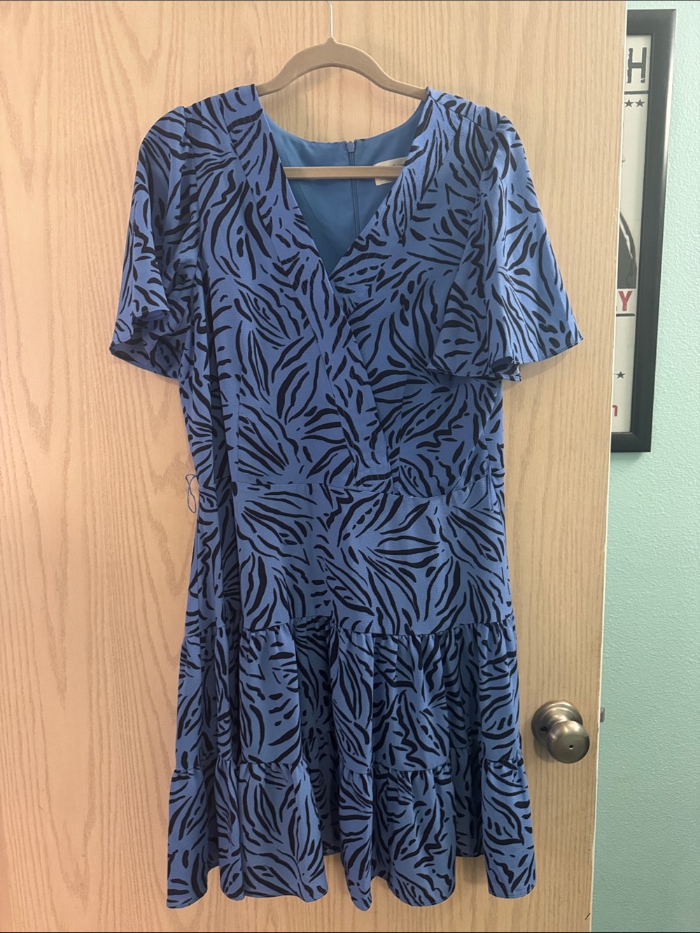 Eliza J. Blue and Black Tiered Wrap-Style Midi Dress
